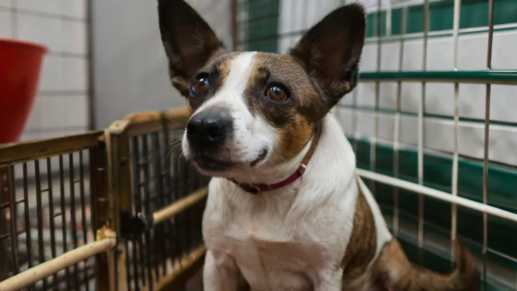 Cão de porte médio olhando através de um portão